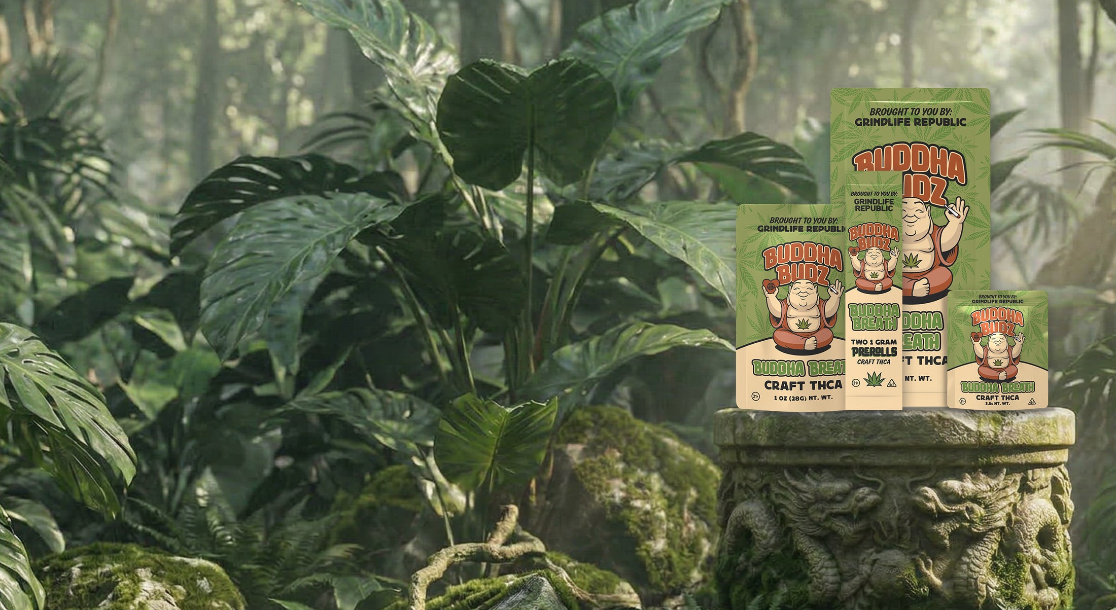 Four packages of 'Bubba Bud' cannabis products on a stone pedestal with a jungle background.