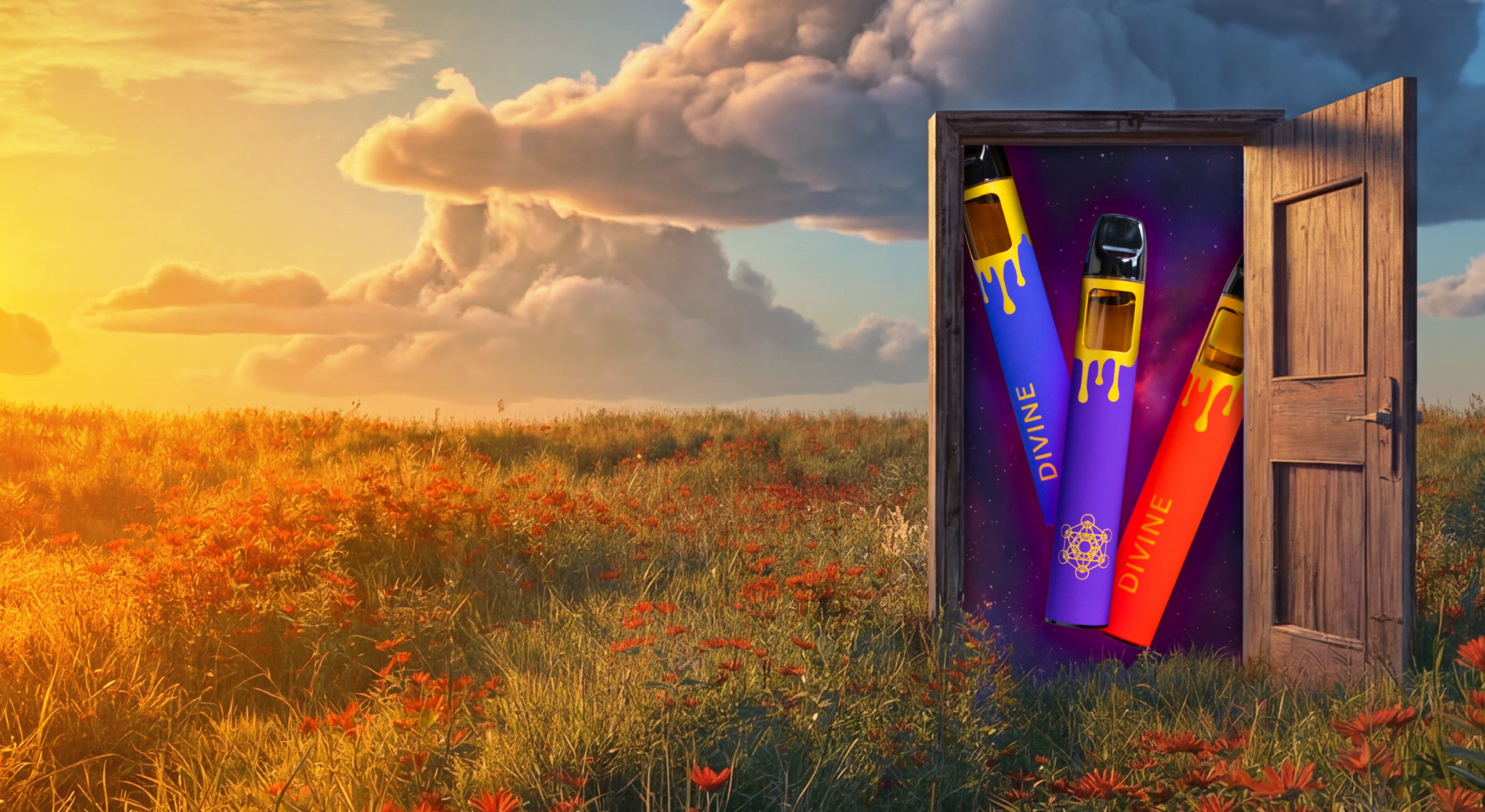 Three colorful light sticks labeled 'Divine' emerging from a wooden door in a field with a sunset sky.