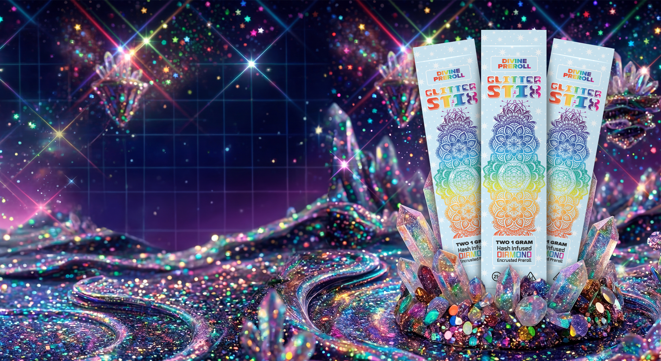 Three packages of glitter stick two one gram THCA diamond encrusted prerolls  with a colorful, magical background
