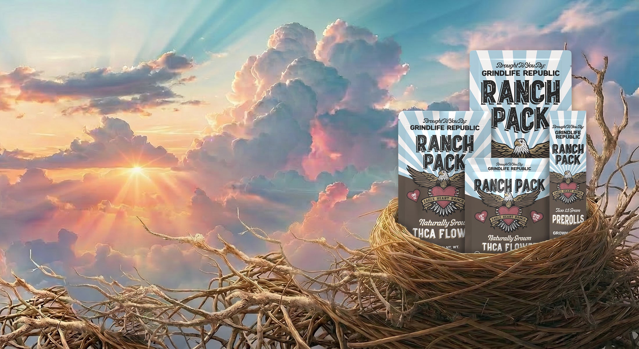 Three packages of Ranch Pack naturally grown THCA flower in a large nest with a pastel sky background